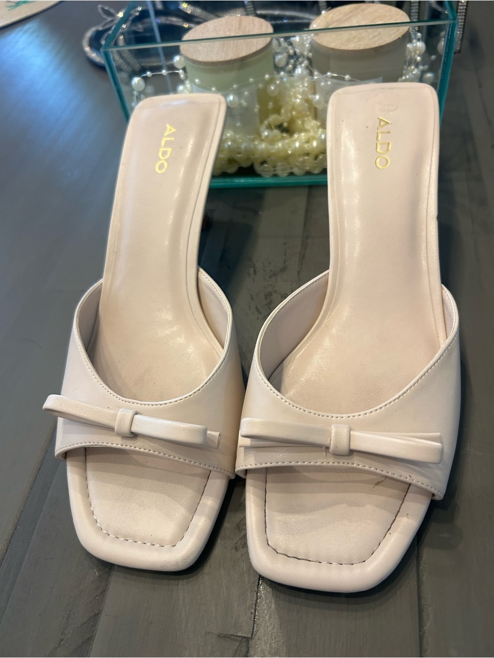 ALDO Cream Open-Toe Slide Mules with Bow Accent